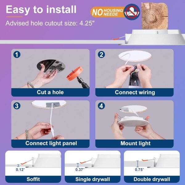 Smart Recessed Lighting 4 Inch RGBCW Color Changing 12W LED Downlight with Junction Box,1000 Lumen Recessed Ceiling Light Compatible with Alexa,Dimmable by Bluetooth Control -6Pack - Image 7