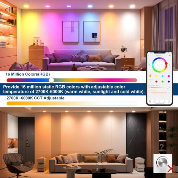 Smart Recessed Lighting 4 Inch RGBCW Color Changing 12W LED Downlight with Junction Box,1000 Lumen Recessed Ceiling Light Compatible with Alexa,Dimmable by Bluetooth Control -6Pack - Image 3