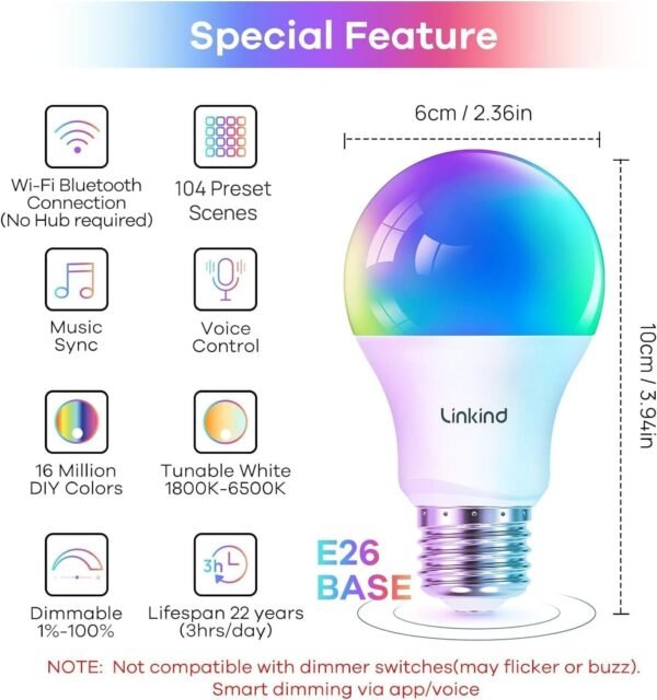 Linkind Color Changing Smart WiFi Light Bulbs, Compatible with Alexa & Google Home Bundle with Linkind Matter Smart Plug, Work with Apple Home, Siri, Alexa, Google Home, SmartThings - Image 3