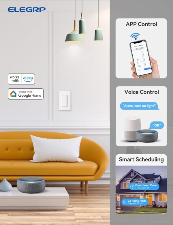 ELEGRP Single Pole Smart Dimmer Light Switch DPR10, 2.4GHz Wi-Fi Dimmer Switch Compatible with Alexa and Google Assistant, Needs Neutral Wire, No Hub Required, UL and FCC Listed, White, 1 Pack - Image 3