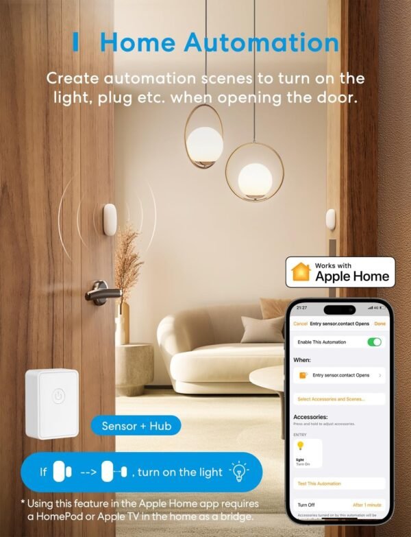 Meross Smart WiFi Door & Window Sensor Kit, Support Apple HomeKit, Alexa, SmartThings, Mini Wireless Detector Burglar Alert, 328ft Range, Home Automation for Security & Kid Safety, Meross Hub Included - Image 4
