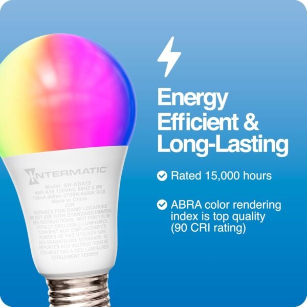 Intermatic ABRA A19 Wi-Fi Smart Bulb, 800 Lumens - Voice Controlled RGB LED, Compatible with Alexa & Google Home - Timers & Schedules, No Hub Required (4 Pack) - Image 5