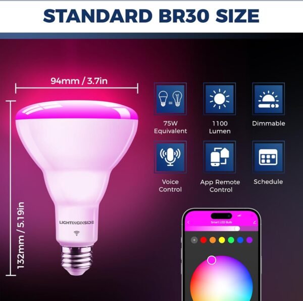 BR30 Smart Bulbs 1100LM, 12W 75W Equivalent, Flood Light Bulb Compatible with Alexa/Google Assistant, E26 Recessed Bulb, No Hub Required, 2.4GHz WiFi Only, ETL Listed,1PC - Image 2