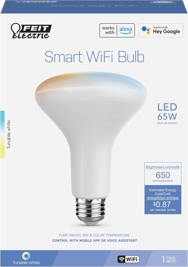 Feit Electric BR30 Smart LED Light Bulb, 60W Equivalent, Tunable White, Wi-Fi Enabled, Alexa & Google Home Compatible, E26 Base, 90+ CRI, Non-Dimmable, 800 Lumens, 25,000-Hour Lifetime, BR30/CCT/CA/AG - Image 2