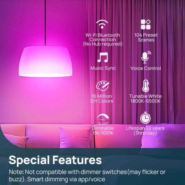 Linkind Smart Light Bulbs, 1600LM (100W Equivalent) Smart Bulb, Work with Alexa & Google Home, RGBTW Color Changing Bulb Music Sync, 2.4GHz Wi-Fi & Bluetooth, LED Alexa Light Bulbs 14W, A21 E26, 4Pack - Image 6