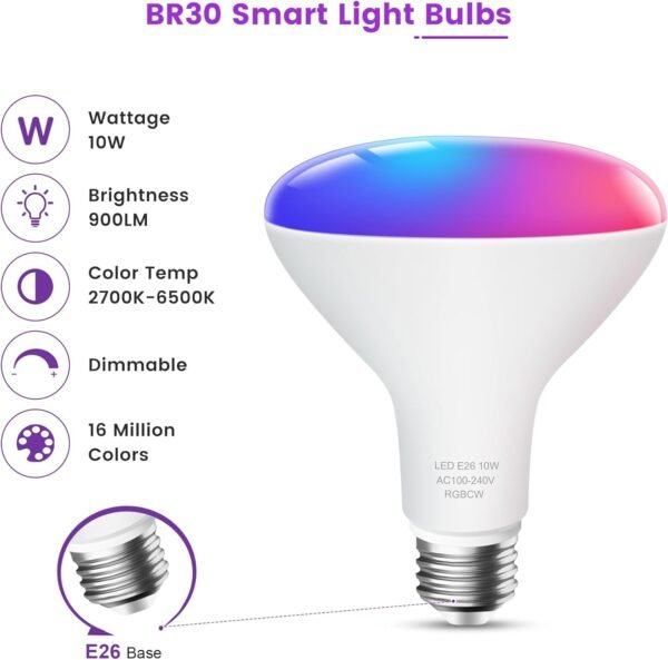 OHLUX BR30 Smart Flood Light Bulb, 85W Equivalent WiFi Smart Bulb, RGBCW, Music Sync, Color Changing Bulb Compatible with Alexa and Google Home, 4 Pack - Image 2