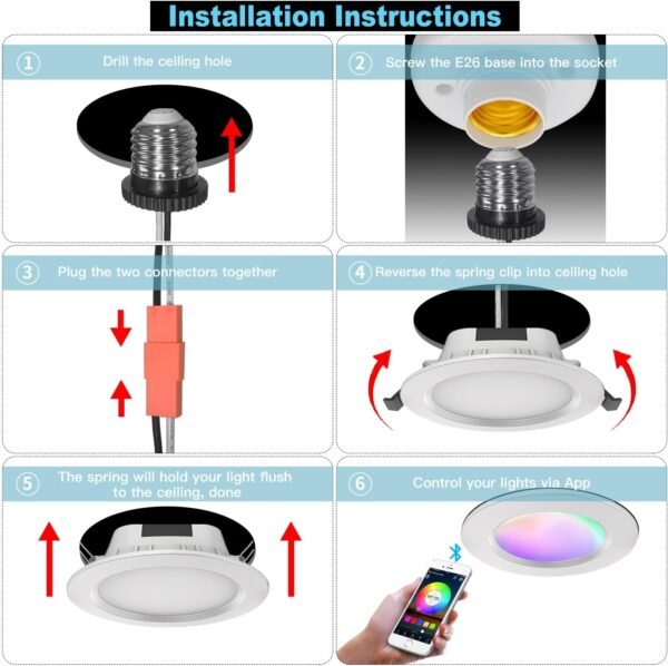 Smart Recessed Light 6Inch, WiFi & Bluetooth Downlight, APP Control, Dimmable, RGBCW, Color Changing Retrofit LED Can Light, Smart Home Lighting Compatible with Alexa Google Assistant 4Pack - Image 6