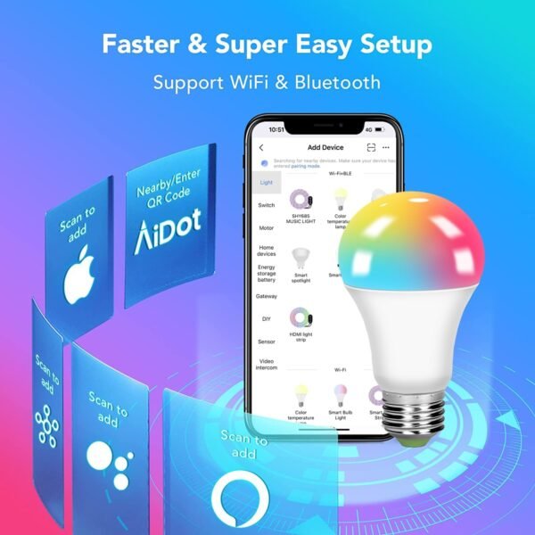 LED Smart Light Bulb 2 Pack Color Changing A19 LED Light Bulbs, Light Bulbs Bluetooth Speaker&WiFi Light Bulb,1000LM RGB Dimmable,Google Home & Alexa Light Bulb with Speaker - Image 5