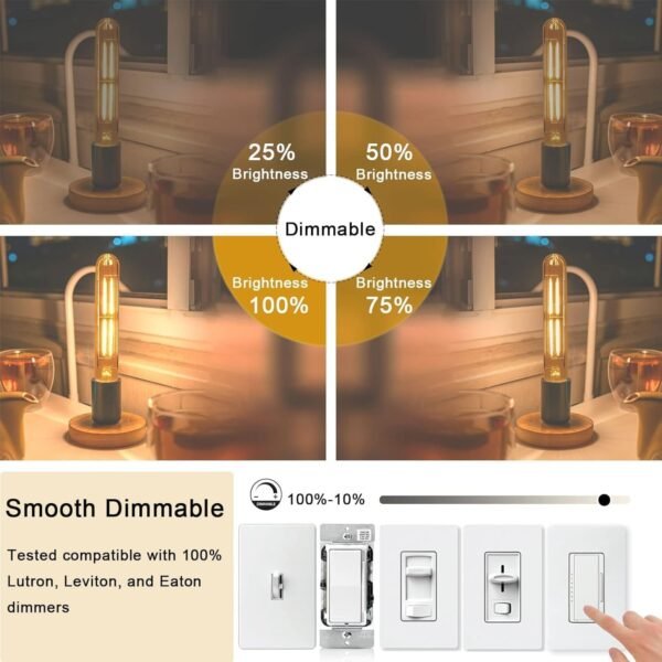 5 Inch Edison Bulb, 3000K Warm White E26 Led Bulb 6 Watt Dimmable, 800LM T10 Bulb Clear Glass Tubular Light Bulbs, AC 120V T9 Bulbs for Chandelier, Wall, Pendant Light(4 Pack) - Image 4