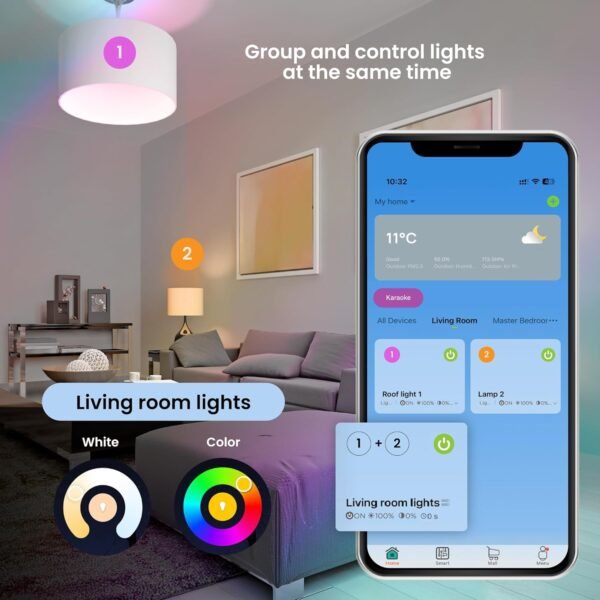 Smart Light LED Bulb Kit x2 E27 RGB - WiFi 2.4Ghz only, Alexa and Google Home Compatible, Adjustable Colors & Temperature, Easy Installation and Setup, 9W, 800 Lumens - Image 4