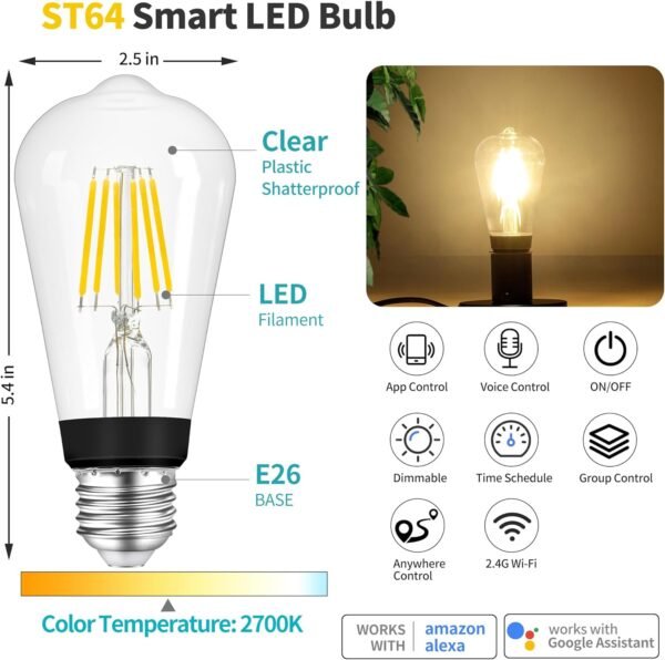 PALULU Smart ST64 LED Vintage Edison Filament Bulb, 2700K, 6W (60W Equivalent), Dimmable, E26 Base, Control with App, Compatible with Alexa and Google Assistant, Only 2.4 GHz Wi-Fi, 2 Pack (Clear) - Image 8