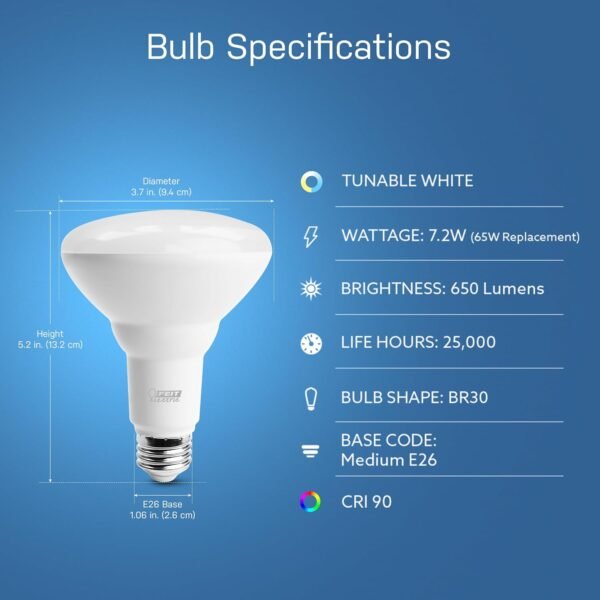 Feit Electric BR30 Smart LED Light Bulb, 60W Equivalent, Tunable White, Wi-Fi Enabled, Alexa & Google Home Compatible, E26 Base, 90+ CRI, Non-Dimmable, 800 Lumens, 25,000-Hour Lifetime, BR30/CCT/CA/AG - Image 3