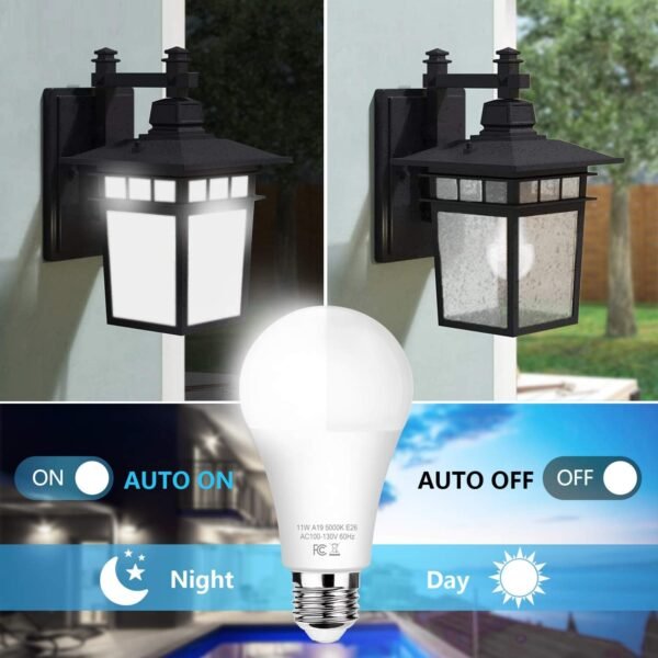 6-Pack Dusk to Dawn LED Light Bulbs, A19 11W(100Watt Equivalent), E26 Basic Automatic On/Off, 1200LM, Daylight White 5000K Smart Sensor Lights, Outdoor for Porch Garage Yard Patio Garden - Image 2