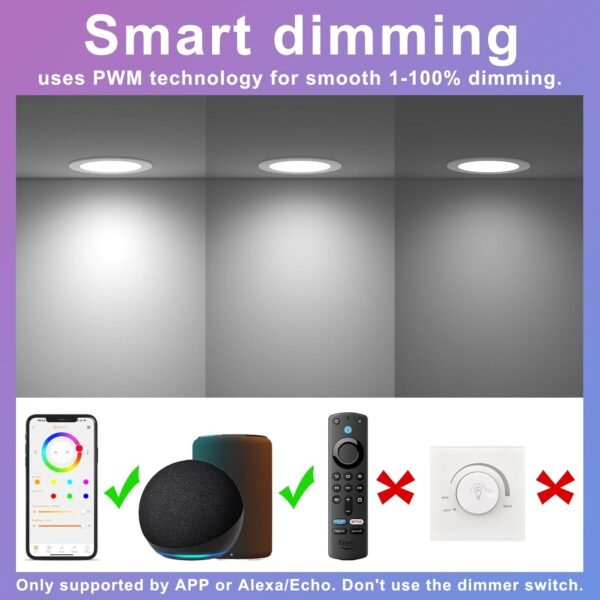 Smart Recessed Lighting 4 Inch RGBCW Color Changing 12W LED Downlight with Junction Box,1000 Lumen Recessed Ceiling Light Compatible with Alexa,Dimmable by Bluetooth Control -6Pack - Image 4