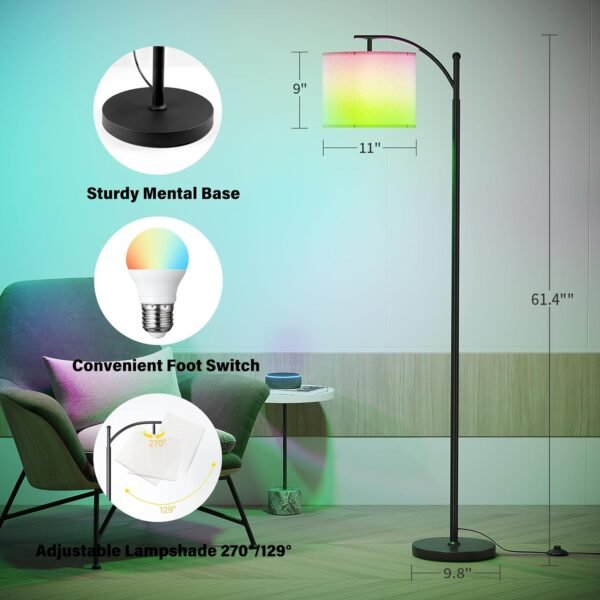 SUNMORY ARC Floor lamp, Smart APP Remote Control Standing Floor lamp with RGB Bulb, Tall Lamp with Hanging Lampshade, Dimmable Floor Lamp, Modern Floor Lamps for Living Room, Bedroom, Office - Image 5