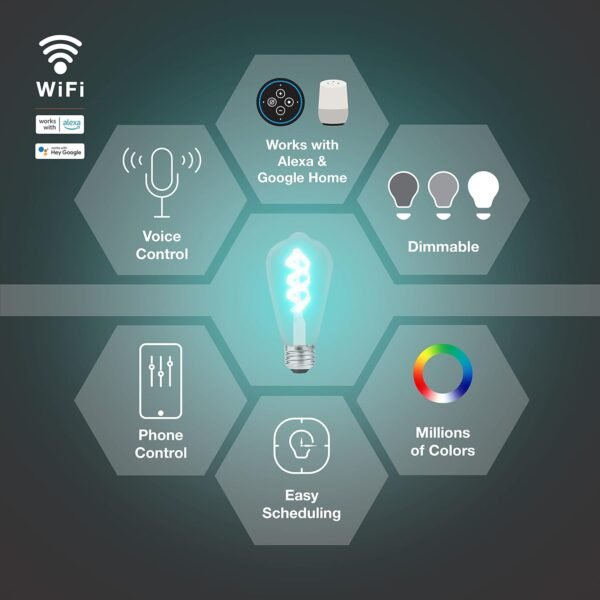 Sylvania WiFi LED Smart ST19 RGBW Color and Amber Finish Filament Light Bulb, 7W Efficient, for Alexa/Google Assistant, 2000K, No Hub Required, Clear - 1 Pack (75809) - Image 3