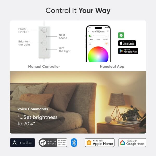 Nanoleaf Essentials Matter Bluetooth & Thread Smart LED A19 Lightbulb (2PK) and Lightstrip 80" Smarter Kit (2m) - RGB & Whites, Controller, App & Voice Control (Works with Apple Home, Google Home) - Image 4