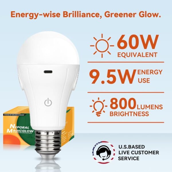 Neporal MagicGlow Rechargeable Light Bulbs with Remote, 3 Colors Shift + Dimmable Battery Powered Light Bulbs, USB Rechargeable, A19 Standard Emergency LED Light Bulbs, 15W, Up to 24 Hours, 2 Pack - Image 5