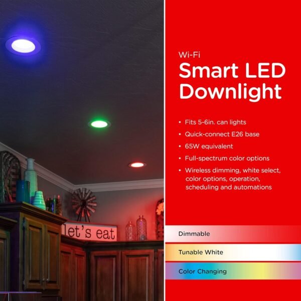 UltraPro Wi-Fi LED Smart Light Bulb, Downlight, 65W Equivalent, RGB, Color Changing, White Tunable 2700K - 6500K, Dimmable, 2.4GHz Router Required, Circadian Rhythm, Easy-to-Use App, 2 Pack, 51463 - Image 4