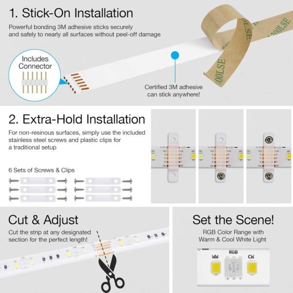 Geeni Smart LED Strip Lights,RGBWW Color Changing,Weatherproof,Timer & Scenes, Dimmable,Tunable White, Works with Alexa & Google Home 9.8ft - Image 7