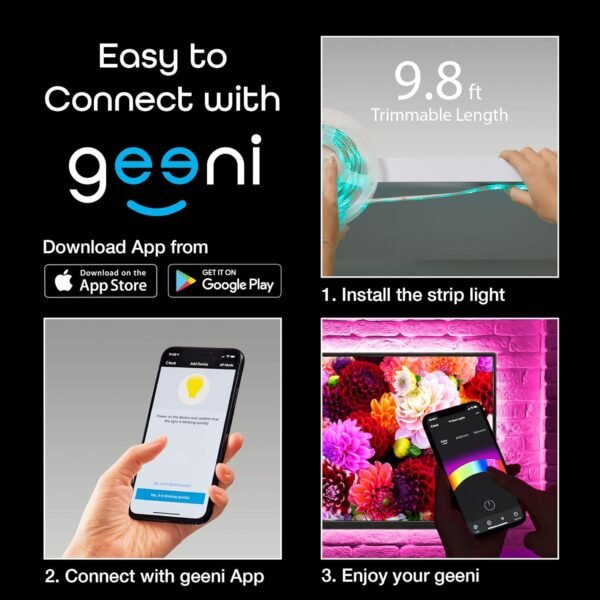 Geeni Smart LED Strip Lights,RGBWW Color Changing,Weatherproof,Timer & Scenes, Dimmable,Tunable White, Works with Alexa & Google Home 9.8ft - Image 9